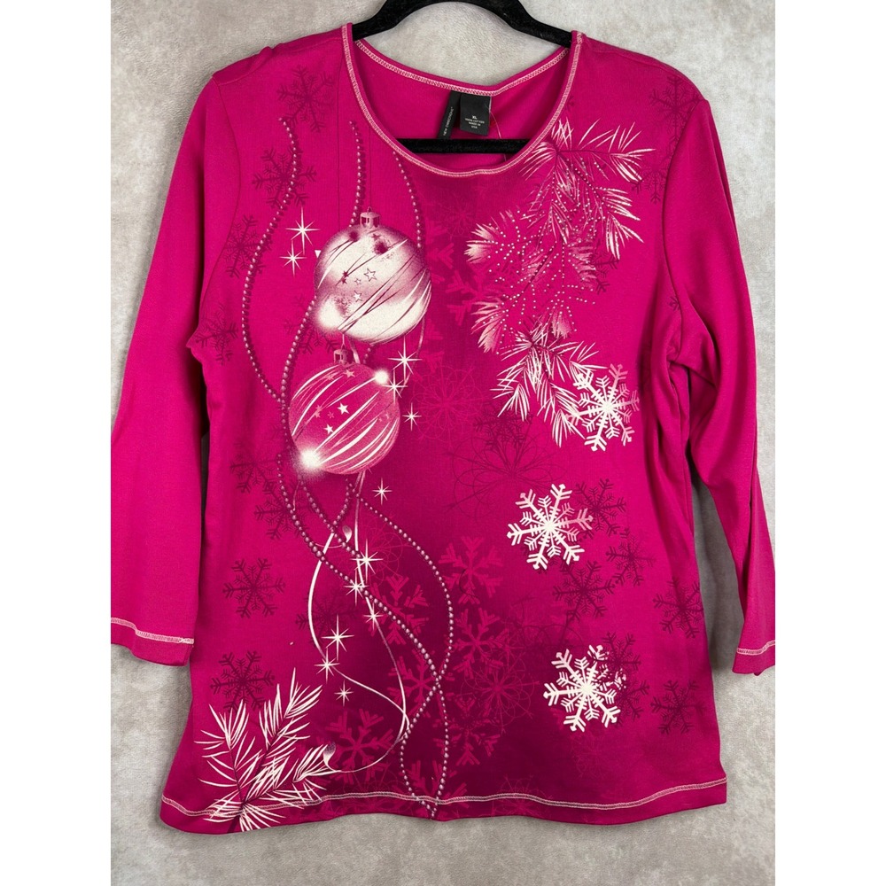 NWT New Directions Christmas Top XL Wild Fuchsia Rhinestone Holiday Graphic